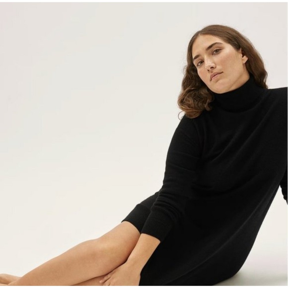 Everlane Black 100% Cashmere Turtleneck Mini Sweater Dress XS RN139393